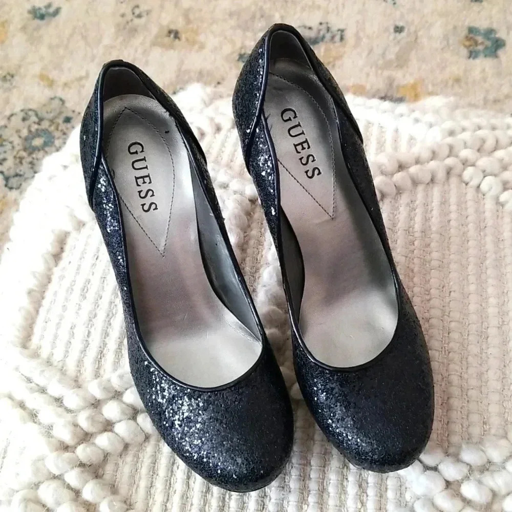 GUESS | Black Glitter Platform Heels